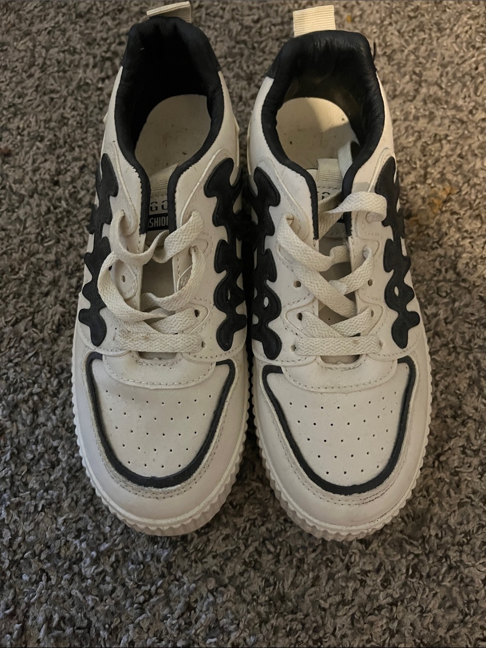 White and Black Women's Lace-Up Sneakers with Wavy Trim